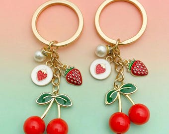 Cherry keychain with strawberries purse charm gift mom friend fruit lover