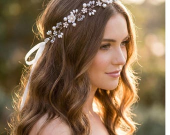Pearl rhinestone flower Bridal Crown with Satin Ribbon maid of honor