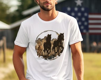 Maglietta western con cavalli selvaggi in corsa, regalo per gli amanti del cowboy, colori comodi, 100% cotone