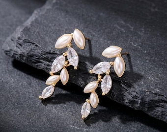 Small Pearl & Rhinestone Leaf Drop Earrings delicate dressy jewelry 1 inch long