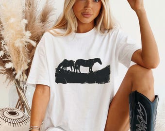 T-shirt con silhouette di cavallo, regalo per amanti del cowboy, colori comodi, 100% cotone