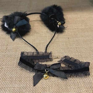 Black cat fluffy ears headband and necklace Halloween party costume black cat ears for cat or kitten costume adjustable cat ear non mask cat