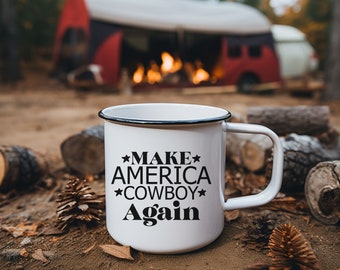 Western Camping Mug, enamel cowboy mug, gift for cowboy, gift for camper, mug for cowboy, enamel mug for camper, make America cowboy again
