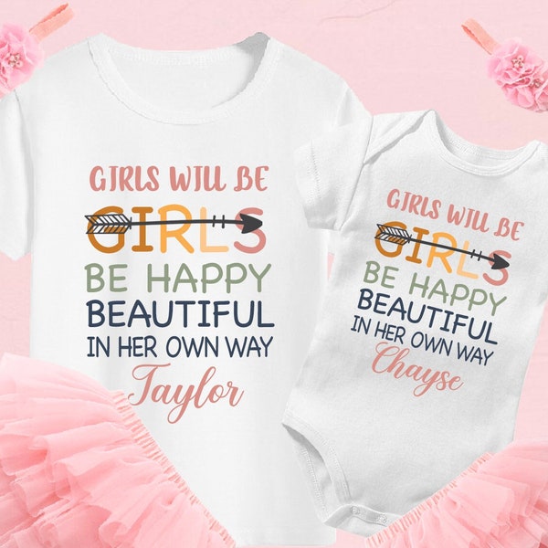 Girls will be Girls Baby Bodysuit Toddler Tees, Sisters Matching Outfit - Add Baby's Name - Boho Pink Orange, Tutu Dress Headbands Set of 3