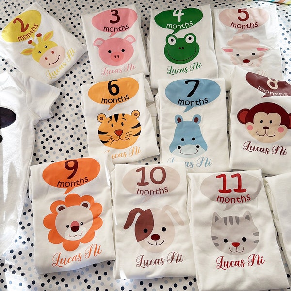 Animal Theme Baby Monthly Bodysuits 1,2,3,4,5 6month - Newborn Gift Set - Baby's First Year Milestone Outfits- Add Baby's Name -Zoo Animals