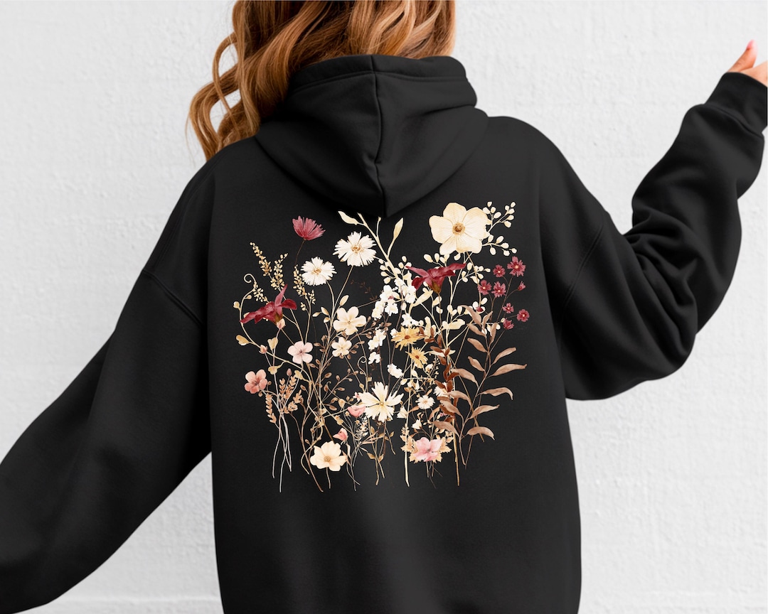 Wildflowers Hoodie, Floral Print Hooded Sweatshirt, Botanical Pullover ...