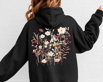 Wildflowers Hoodie, Floral Print Hooded Sweatshirt, Botanical Pullover, Nature Lover Gift, Gardener Hoodie, Back Print Hoodi