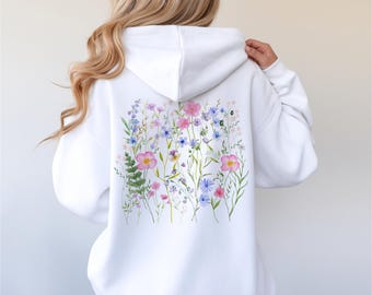 Sweat à capuche fleurs sauvages, sweat à capuche imprimé floral dans le dos, sweat à capuche fleurs bohèmes, sweat à capuche botanique cottagecore, sweat à capuche fleur
