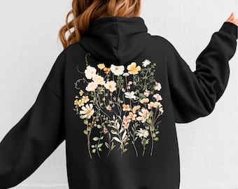 Bluza z kapturem Wildflowers, bluza z kapturem w kwiaty w stylu boho cottagecore, bluza z kapturem z motywem botanicznym, prezenty dla miłośników natury, bluza z kapturem z nadrukiem na plecach