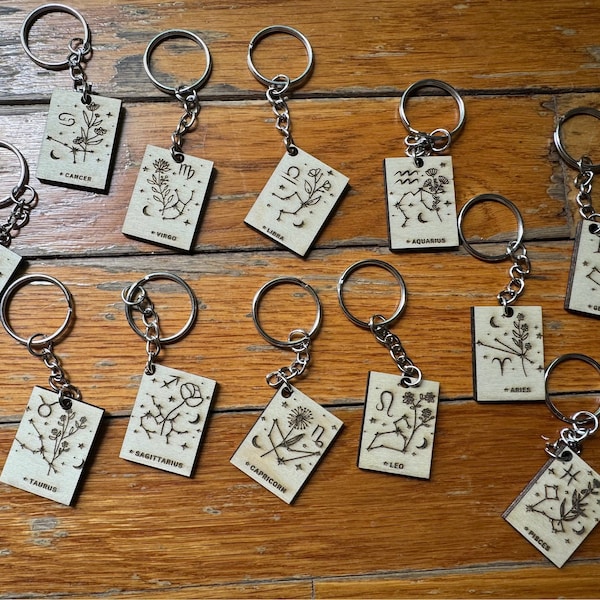 Horoscope zodiac sign Keychain Capricorn Leo Libra Gemini Taurus Cancer Scorpio Virgo Sag Aries Aquarius Wood Engraved