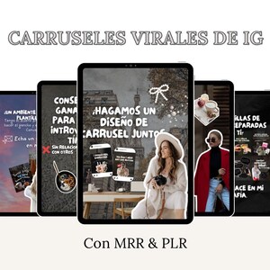 May include: Four digital screens displaying different designs for Instagram carousels. The screens show a variety of images and text, including a woman in a white hat, a red coat, and a plate of food. The text on the screens includes the words "Hagamos un diseño de carrusel junto" and "Con MRR & PLR".