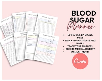 Blood Sugar Tracker/Planner, appointment tracker, medication tracker, digital download, canva file, 37 pages