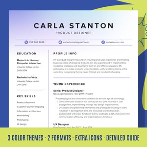 May include: A resume template with a light blue background and a green and blue abstract design. The resume is for Carla Stanton, a Product Designer. The resume includes contact information, education, work experience, and key skills. The text "3 Color Themes - 2 Formats - Extra Icons - Detailed Guide" is at the bottom of the resume.