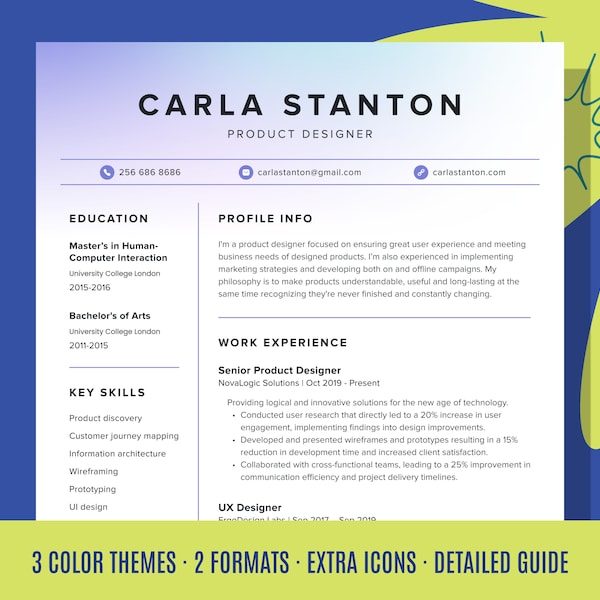 Professional Creative Resume Template, A4 Canva + Figma, 1 & 2 Page, 3 Colors, Cover Letter, Professional guide, UX Designer UI Developer CV