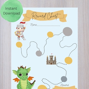 May include: A printable reward chart featuring a knight and a dragon. The chart has a path with circles to color in as a child completes tasks. The text on the chart reads "Reward Chart" and "Name".