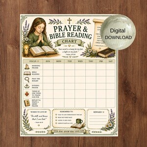 May include: A Prayer & Bible Reading Chart featuring a grid for daily tracking, illustrations of a person praying, a Bible, a rosary, and a candle. The chart includes the text "PRAYER & BIBLE READING CHART," "Digital DOWNLOAD," and various scripture verses.