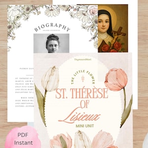 May include: A collection of printable prayer cards and educational materials. The design includes a portrait of St. Thérèse of Lisieux, floral illustrations, and the text "Create Your Own Prayer Card". The materials are available as a PDF instant download.