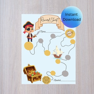 May include: Printable reward chart featuring a cartoon pirate with a treasure chest, a ship, and a compass. The chart has a space for a name and a reward. The text "Reward Chart" and "Instant Download" are also included.