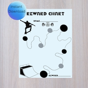 May include: A blue and white printable reward chart with a skateboard theme. The chart features a silhouette of a skateboarder performing a trick, a skateboard, and a half-pipe. The chart has spaces for a name and a reward.