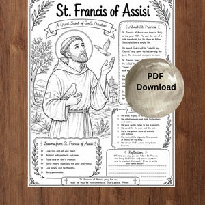 Może przedstawiać: Czarno-biały arkusz edukacyjny do druku z ilustracją św. Franciszka z Asyżu z ptakami, sekcjami tekstowymi zatytułowanymi About St. Francis, Lessons from St. Francis of Assisi i Reflection oraz okrągłą ikoną PDF Download.