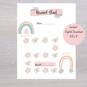 May include: Printable reward chart with a rainbow, butterflies, and flowers. The chart is designed for children and includes spaces for a name, reward, and a section for stickers. The text "You can do it!" and "You did it!" are included on the chart.