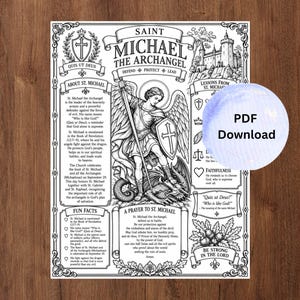 May include: A black and white informational poster titled Saint Michael the Archangel featuring an illustration of the archangel with a sword and shield defeating a dragon, surrounded by text sections including About St. Michael, Fun Facts, and a prayer.