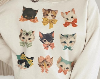 vintage cat × fish × flower sweat 90s Streetwear Womens XL Cat Kitten Flower Collared