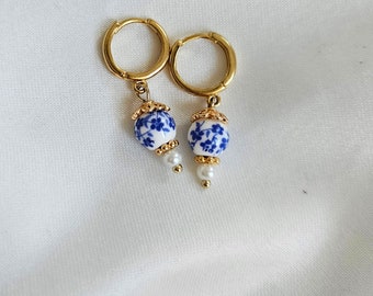 Dainty earrings made of brass 24k gold plated Delft pattern white blue ceramic pearl. Lovely gift for Mother's Day or birthday