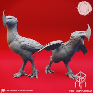 May include: Two gray, 3D-printed sculptures of mythical bird-like creatures with large beaks and open mouths, set against a red background. The sculptures have detailed feather textures and are in a dynamic pose. The text "PRE-SUPPORTED" is visible.