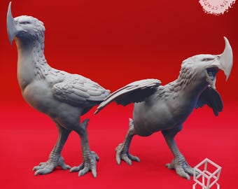 May include: Two gray, 3D-printed sculptures of mythical bird-like creatures with large beaks and open mouths, set against a red background. The sculptures have detailed feather textures and are in a dynamic pose. The text "PRE-SUPPORTED" is visible.