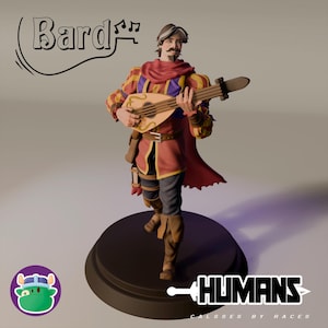 Pode incluir: Estatueta de um bardo, vestido com uma túnica vermelha e dourada, segurando um alaúde. A figura tem bigode e uma capa vermelha. A base é preta, e o texto "Bard" e "HUMANS" são visíveis.