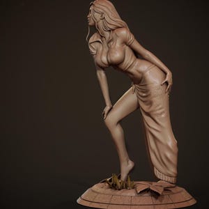 May include: A sculpted figurine of a woman with long flowing hair, wearing a long, flowing skirt and a short-sleeved top. The figurine is posed in a dynamic stance, with one leg raised and the other bent. The figurine is made of a light brown material and has a realistic appearance.