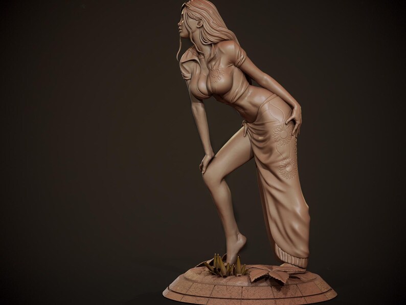 May include: A sculpted figurine of a woman with long flowing hair, wearing a long, flowing skirt and a short-sleeved top. The figurine is posed in a dynamic stance, with one leg raised and the other bent. The figurine is made of a light brown material and has a realistic appearance.