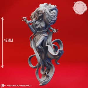 Puede incluir: Una figura en miniatura gris, detallada, de una mujer con el pelo largo y suelto y un vestido fluido. La figura mide 47 mm de alto y está en una pose con los brazos extendidos. La figura está sobre un fondo rojo.