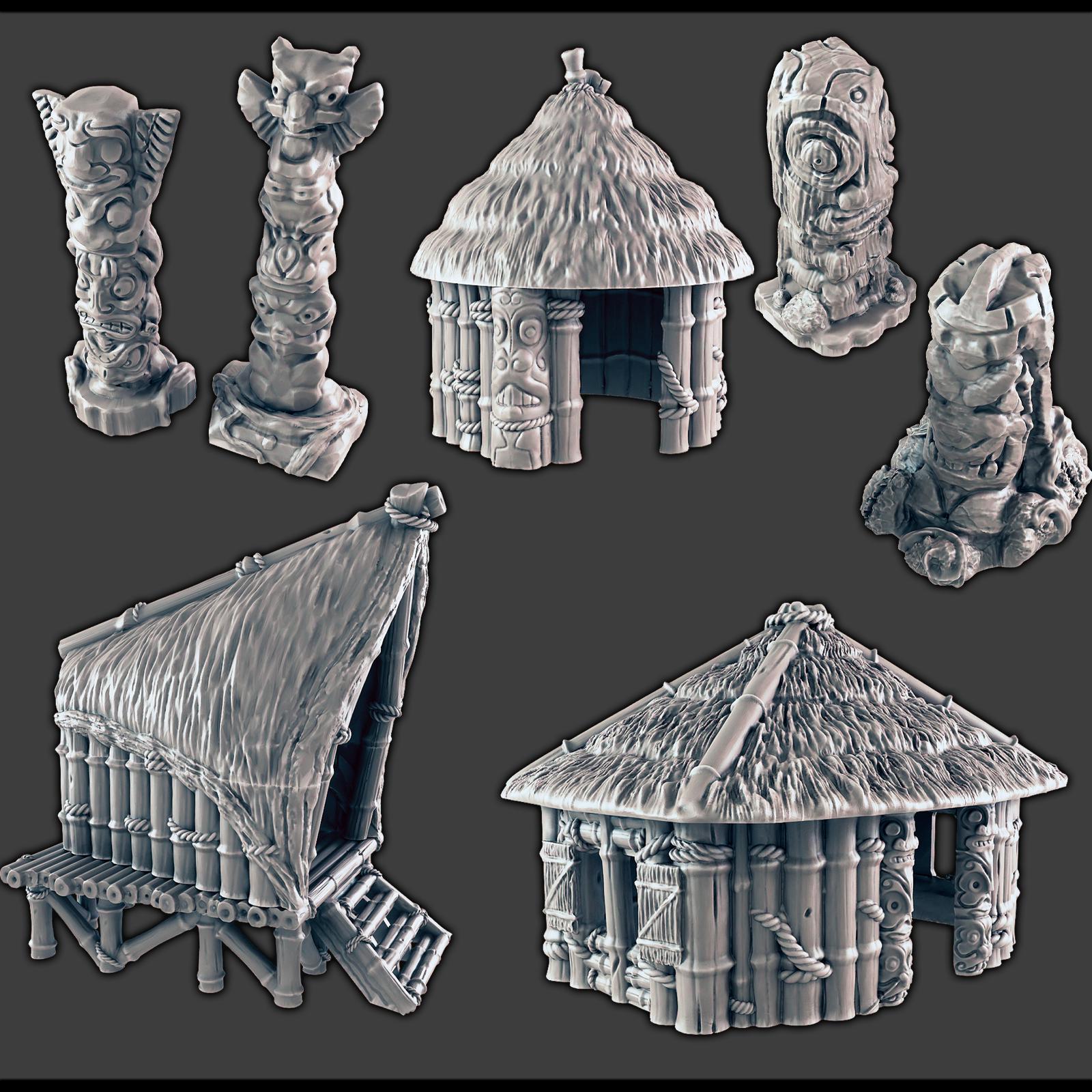 Tribal Jungle Village Set | 28mm 32mm scale | D&D Scatter Terrain | Wargaming | EC3D Depths of Savage Atoll