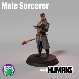 Peut inclure: Figurine d'un sorcier masculin tenant un livre et un bâton. Le sorcier porte une robe grise avec des accents dorés et se tient sur une base circulaire noire. Le texte "Male Sorcerer" est en haut et le mot "HUMANS" en bas.