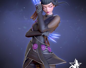 May include: A 3D-printed figure of a female character in a dark outfit with purple accents. The figure has black hair and is holding glowing blue claws. The figure is from the "2-POP DEMON HUNTER SEPTEMBER RELEASE" collection.