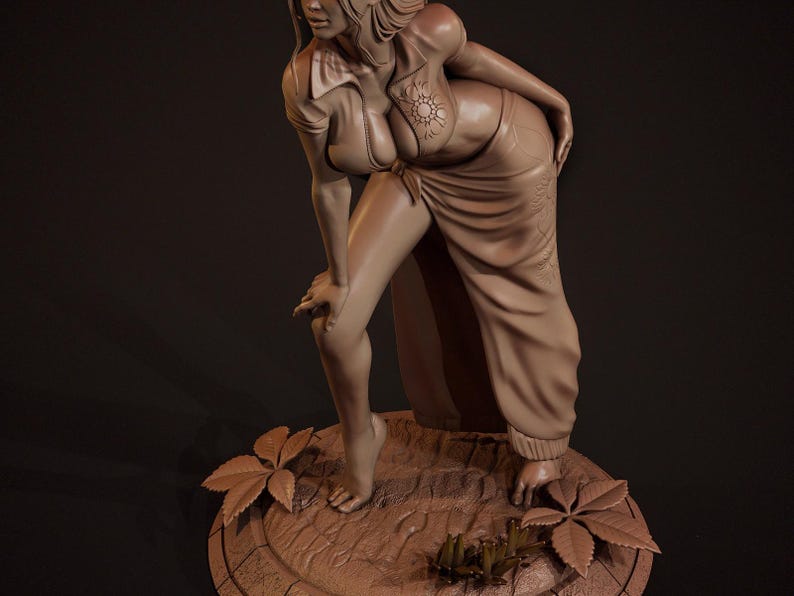 May include: A brown clay sculpture of a woman wearing a long, flowing skirt and a shirt with a floral design. The sculpture is standing on a circular base with a textured surface.