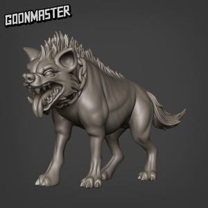 May include: A 3D printed model of a snarling hyena with a spiked mane and a chain collar. The hyena is posed in a standing position with its mouth open and tongue extended.
