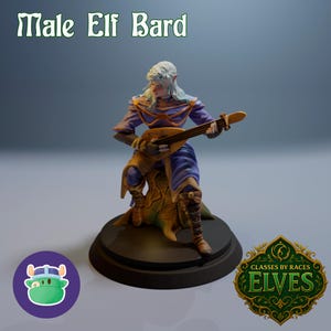 May include: A miniature figurine of a Male Elf Bard, dressed in purple and blue attire, playing a lute. The figure is seated on a tree stump base. The text "Male Elf Bard" is at the top. A green and gold "Elves" logo is on the right.