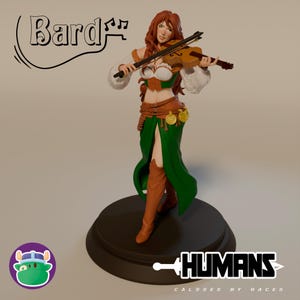 May include: A figurine of a female bard playing a violin. She wears a green dress, brown boots, and a white top. The figurine has red hair and is standing on a black base. The word "Bard" is above the figure.
