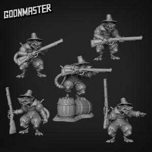 May include: A collection of gray miniature figures of anthropomorphic rats in period clothing, holding rifles. The figures are posed in various stances, some standing on barrels. The text "GOONMASTER" is in the upper left corner.