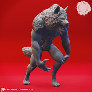 May include: A gray werewolf figurine with a snarling expression, standing on all fours with its claws extended. The figurine is posed in a dynamic, aggressive stance.