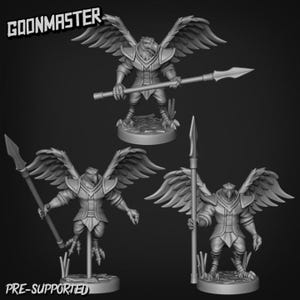 May include: Three 3D printed miniatures of a humanoid figure with bird wings and a spear. The figure is wearing armor and has a bird-like head. The miniatures are pre-supported and ready to be printed.