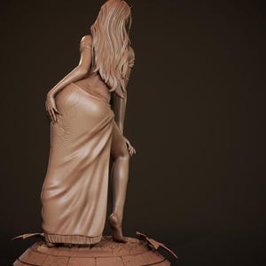 May include: A clay sculpture of a woman wearing a long, flowing dress with a floral design. The dress is split up the side, revealing one leg. The woman's hair is long and flowing, and she is standing on a base.