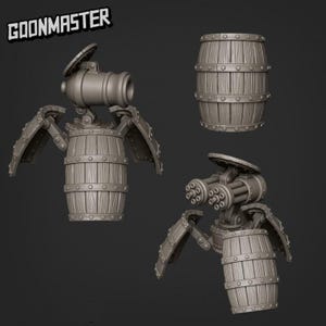 May include: A 3D printed model of a steampunk-style cannon mounted on a wooden barrel. The cannon has a rotating barrel and a lever for firing. The barrel is decorated with metal bands and rivets. The model is printed in grey plastic.