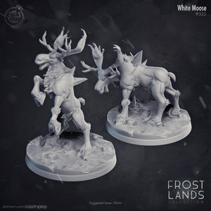 May include: White Moose miniature figure in two poses, one standing and one walking. The figure is made of a light grey plastic and is detailed with fur and horns. The figure is designed for tabletop gaming and is part of the Frost Lands Collection.