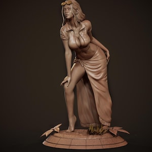 May include: A sculpted figurine of a woman wearing a long, flowing skirt and sunglasses. The figurine is made of a light brown material and is posed in a relaxed, standing position.