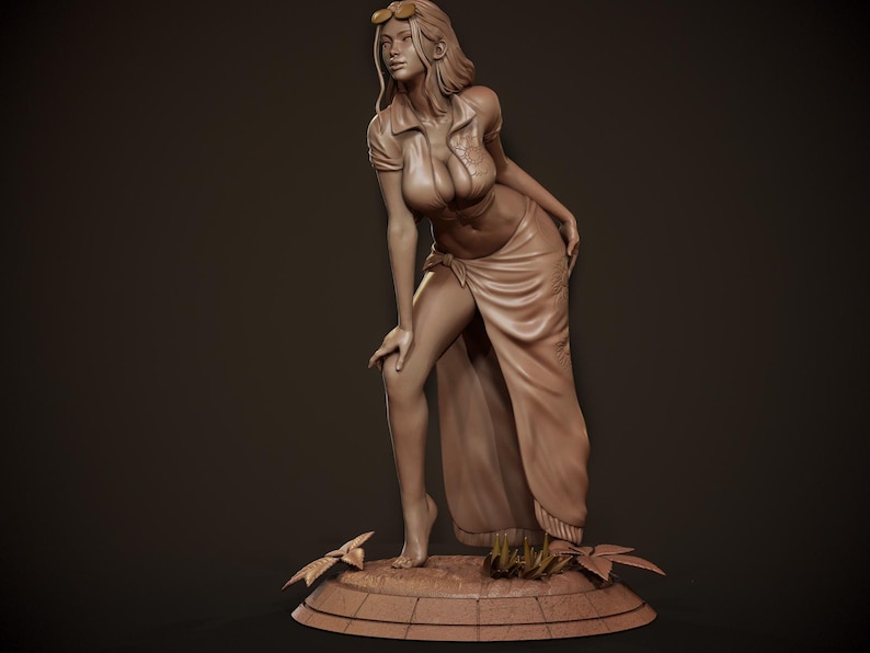 May include: A sculpted figurine of a woman wearing a long, flowing skirt and sunglasses. The figurine is made of a light brown material and is posed in a relaxed, standing position.