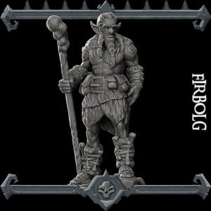 May include: A gray, detailed miniature figurine of a Firbolg, a humanoid creature with pointed ears, a long beard, and a staff. The figurine is standing on a base with a skull design.